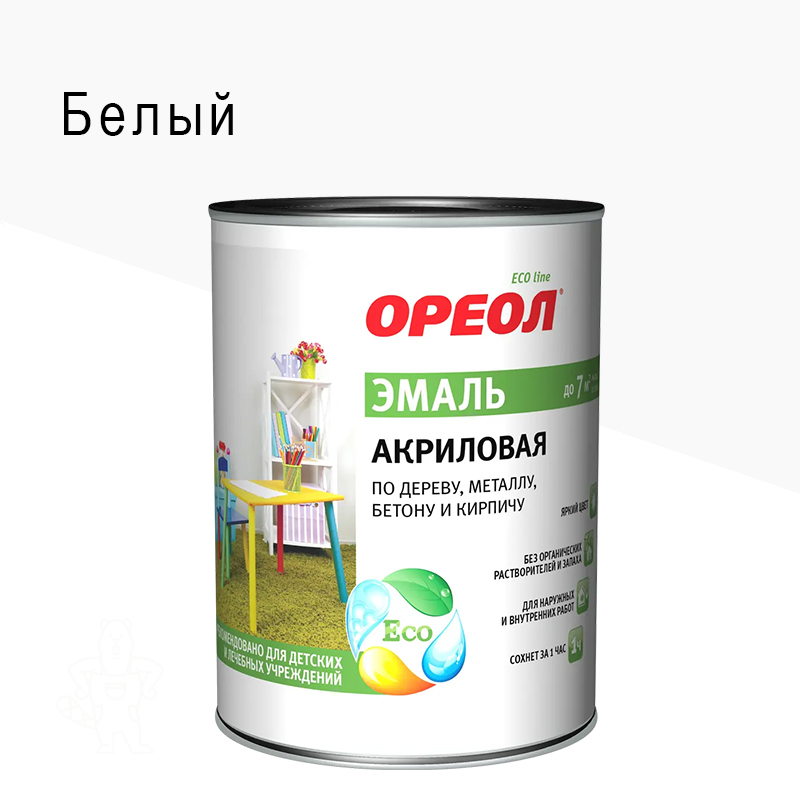 Эмаль универсальная акриловая Ореол глянцевая белая 0,9 кг.