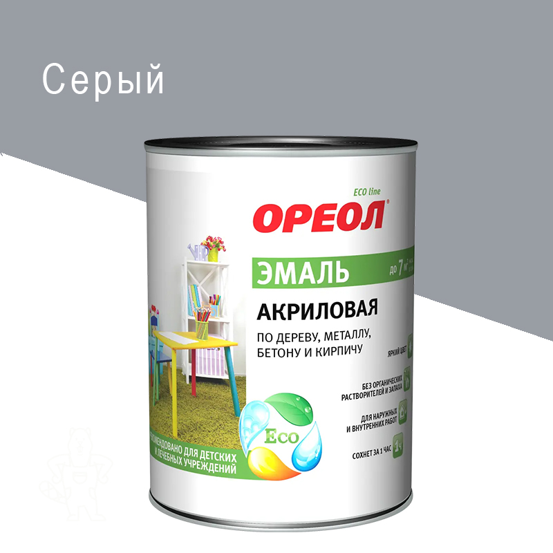 Эмаль универсальная акриловая Ореол глянцевая серая 0,9 кг.