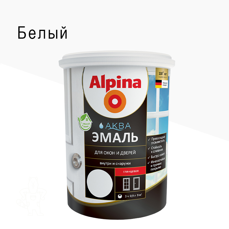 ЭМАЛЬ АКРИЛ. ДЛЯ ОКОН И ДВЕРЕЙ "АКВА" ГЛЯНЦ. БЕЛАЯ 0,9Л ALPINA