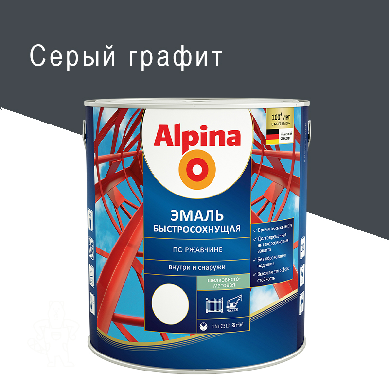 ГРУНТ-ЭМАЛЬ ПО РЖАВЧИНЕ БЫСТРОСОХН. СЕРЫЙ ГРАФИТ (RAL 7024) 2,5 Л "ALPINA"