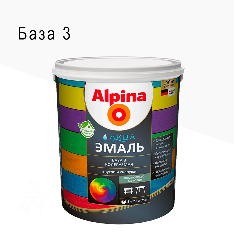 ЭМАЛЬ АКРИЛ. "АКВА" ШЕЛКОВИСТО-МАТОВАЯ БЕСЦВЕТ. БАЗА 3 2,35Л ALPINA