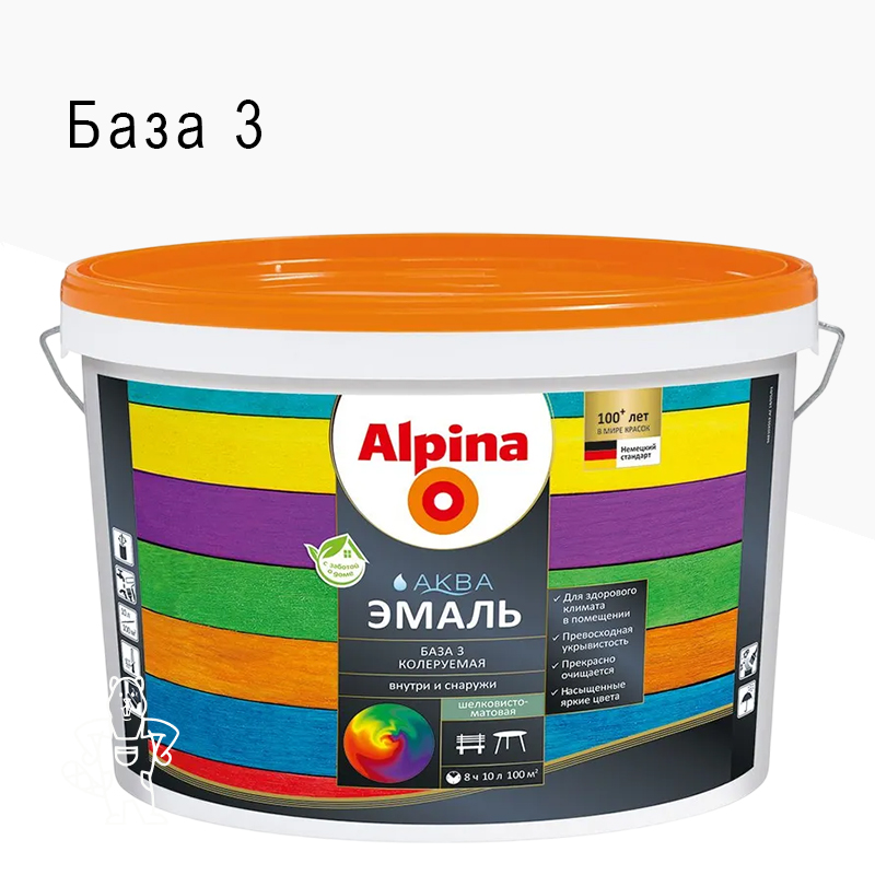 ЭМАЛЬ АКРИЛ. ПО МЕТАЛЛУ "АКВА" ГЛЯНЦ. БЕСЦВ. БАЗА 3 9,4Л ALPINA