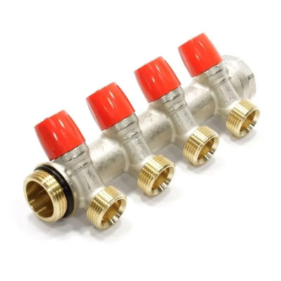 Коллектор с вентилями 1*3/4*4 латунь никелир.