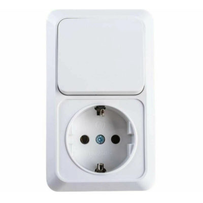 Блок Выключатель 1ОП+розетка с/з вертикальный белый ОЛИМП UNIVersal (5/50)