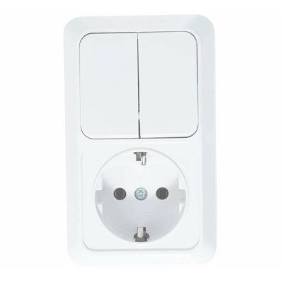 Блок Выключатель 2ОП+розетка с/з вертикальный белый ОЛИМП UNIVersal (5/50)