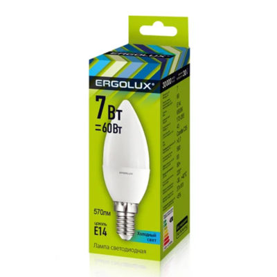 Ergolux LED-C35-7W-E14-6K Лампа светодиодная Свеча 7Вт Е14 6500К