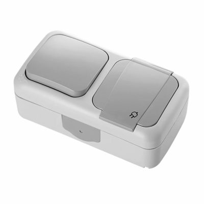 Блок выключатель 1ОП+розетка 1ОП с/з серый IP54 REXANT