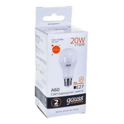 Лампа Gauss Elementary A60 20W E27 3000K