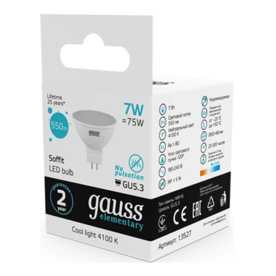 Лампа Gauss Elementary MR16 GU5.3 7W 4100K