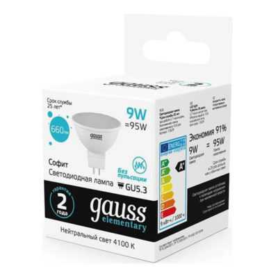 Лампа Gauss Elementary MR16 GU5.3 9W 4100K