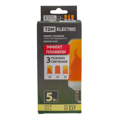 Лампа светодиод. "Эффект пламени" Т65-5Вт-230В-1500К-Е27 (65*138) TDM