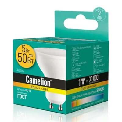 Camelion LED5-GU10/830/GU10 Лампа светодиод. 5Вт 220В
