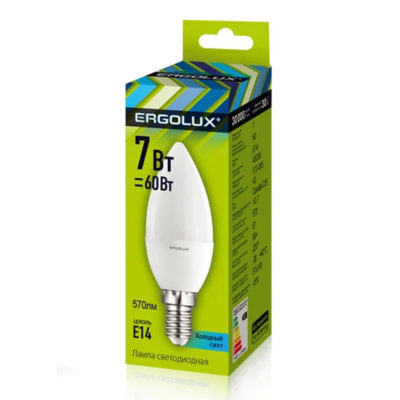 Лампа светод. Ergolux Е14 7W свеча холодн. 4500К