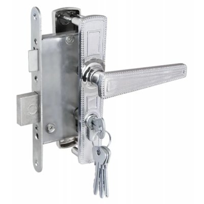 Замок врезной цилиндр. с защелкой и ручкой ЗВ4-3.01 серебро