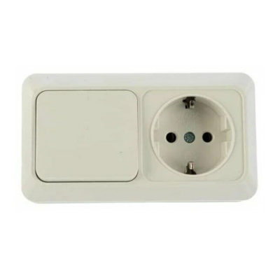 Блок Выключатель 1ОП+розетка с/з горизонтальный белый ОЛИМП