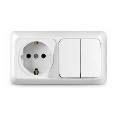 Блок Выключатель 2ОП+розетка  с/з горизонтальный белый ОЛИМП