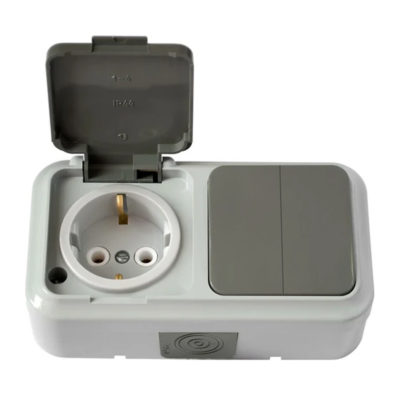 2В-РЦ-659(03) Блок с/з ПРАЛЕСКА АКВА (роз. 16А+2 кл. выкл. 10А) ОУ серый (крышка)