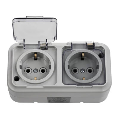 РА16-303(02) Розетка герметичная 2ОП с/з прозр.крышка серая ПРАЛЕСКА АКВА