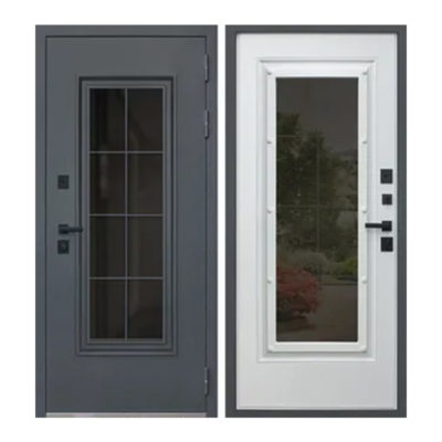 Дверь ЛЕВАЯ 960 Titanium с окном и английской решеткой с терморазрывом Букле графит/Муар белый/Матовый белый (1