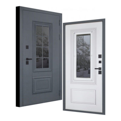 Дверь ПРАВАЯ 960 Titanium с окном и английской решеткой с терморазрывом Букле графит/Муар белый/Матовый белый (1