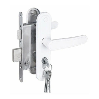 Замок врезной цилиндровый с защелкой и с ручкой ЗВ4-3.03 (белый)