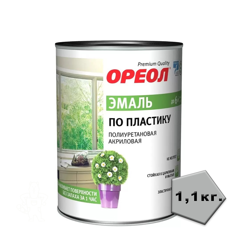 Эмаль по пластику полиуретан. акриловая ОРЕОЛ полуматовая белая 1,1 кг