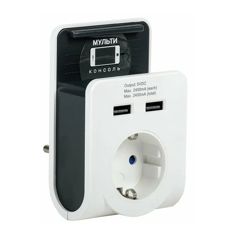 Адаптер Т-02/01 1-роз, 2-USB 2,4А Белый IEK