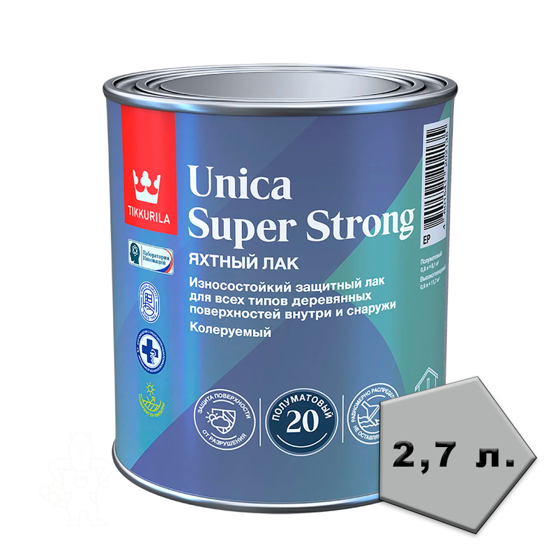 Лак полумат. Tikkurila Unica Super Strong 20 (Супер Стронг 20), база EP, бесцвет., 2,7 л