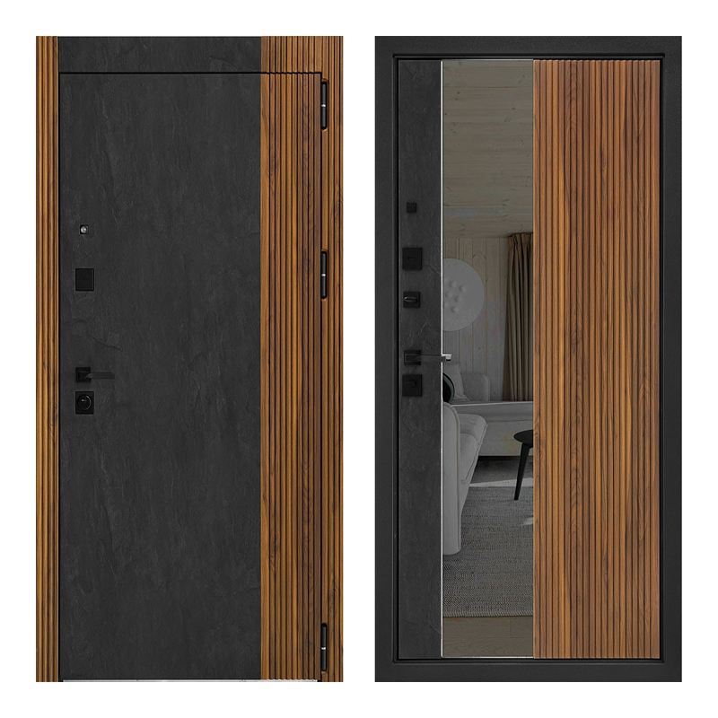 Дверь 960 ПРАВАЯ МОДЕРН 273 ЗЕРКАЛО Скол камня блэк/орех ноче тертона