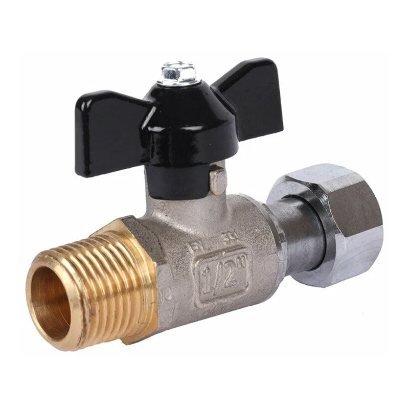 Кран с накидной гайкой угловой 1/2*1/2 г/ш бабочка никель