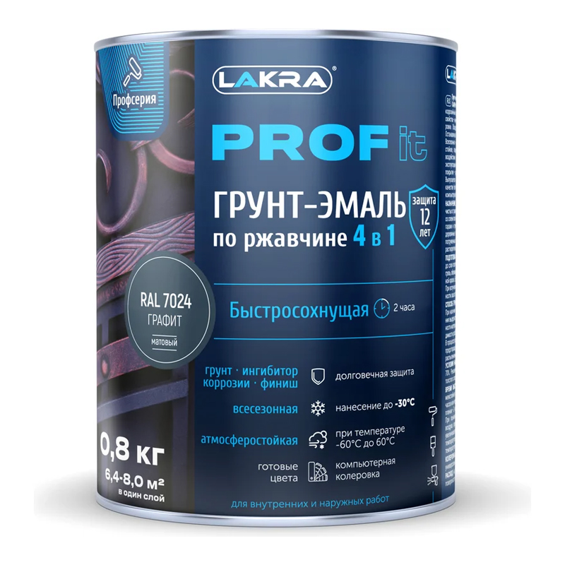 s09592001 Грунт-эмаль по ржавчине 4-в-1 ЛАКРА PROF IT Графит RAL7024 0,8 кг — изображение 1